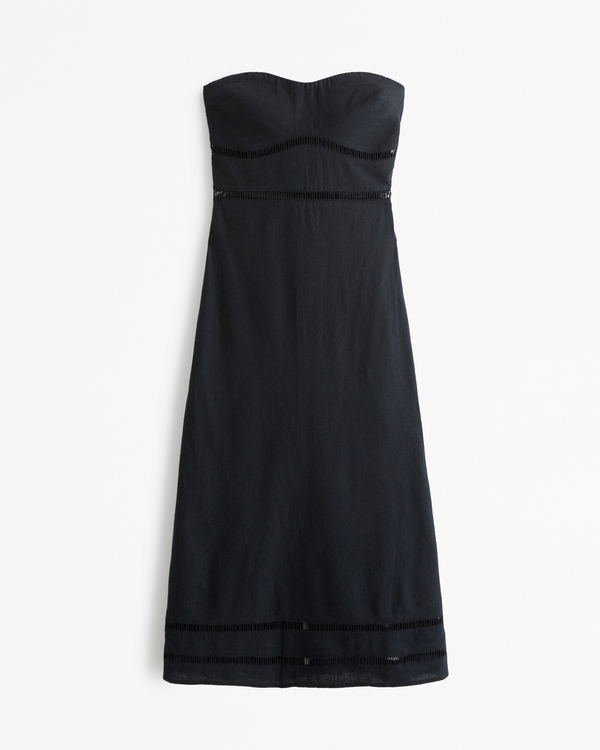 Linen-Blend Strapless Lace-Trim Midi Dress, Black