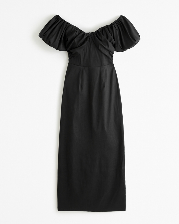 Taffeta Off-The-Shoulder Midi Dress, Black
