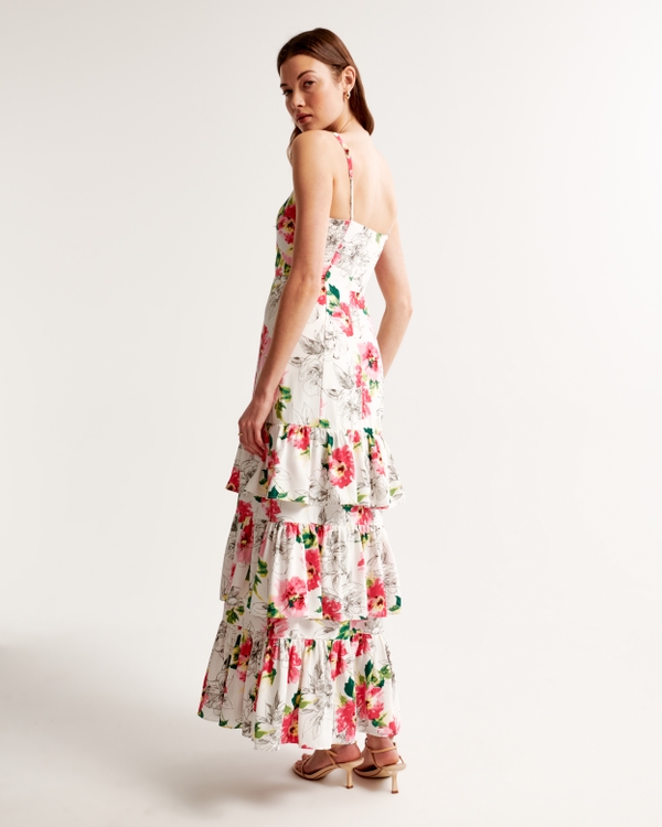 Drama Ruffle Tiered Gown, White Floral