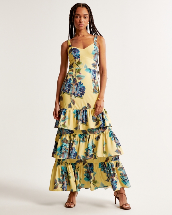 Drama Ruffle Tiered Gown, Lime Floral