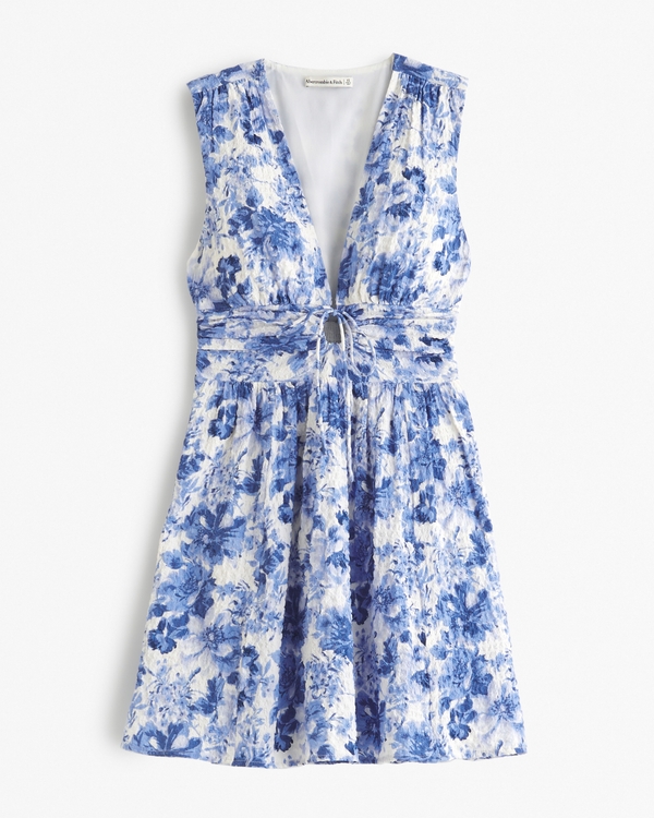 Tie-Front Textured Mini Dress, Blue Floral