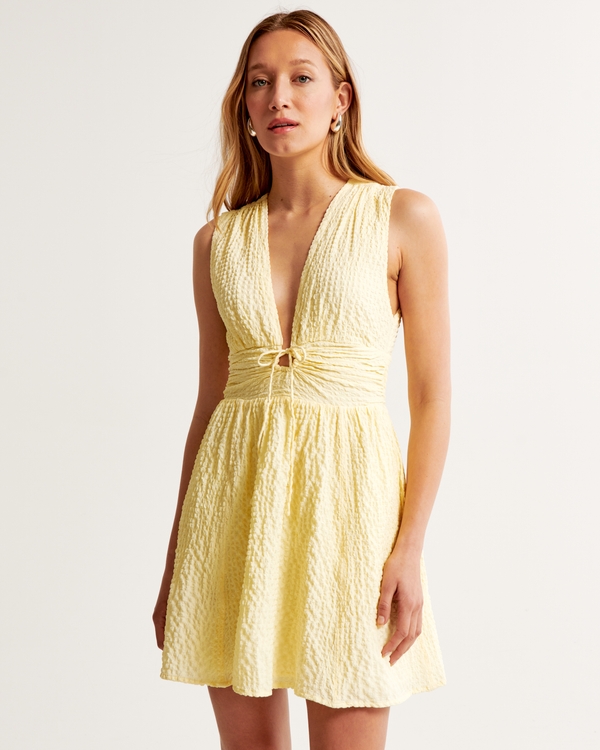 Tie-Front Textured Mini Dress, Yellow