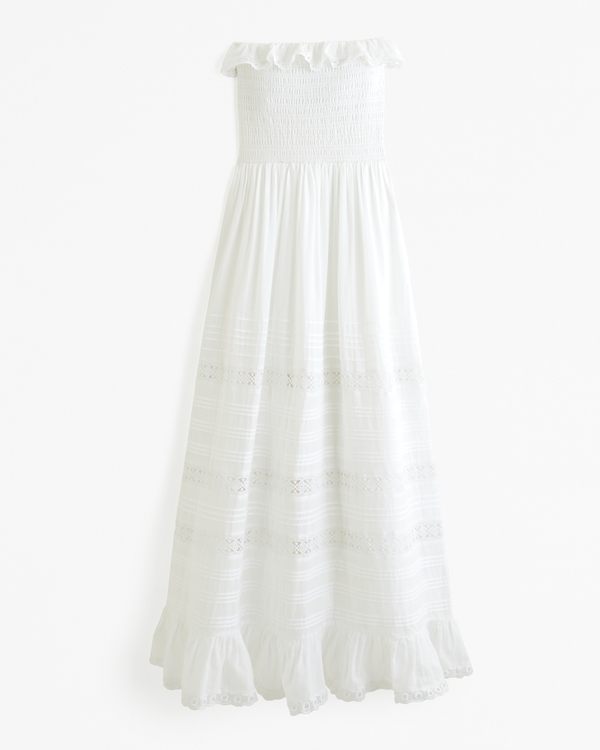 Lace-Trim Strapless Maxi Dress, White
