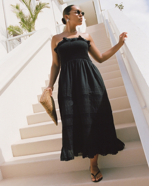 Lace-Trim Strapless Maxi Dress, Black