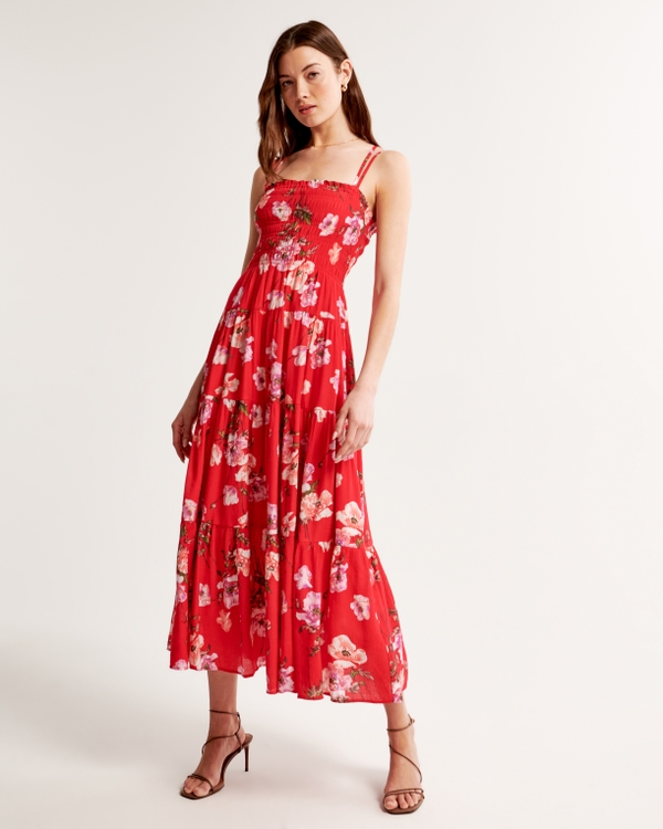 Smocked Bodice Maxi Dress, Red Floral