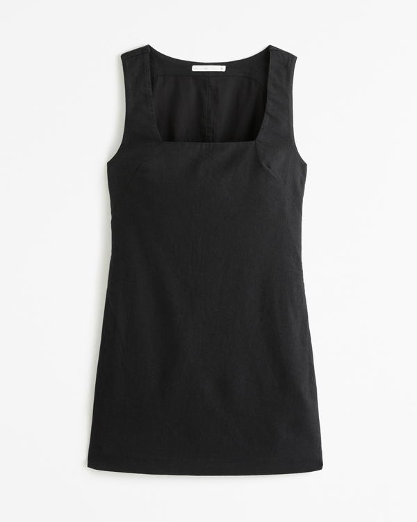 Linen-Blend Shift Mini Dress, Black