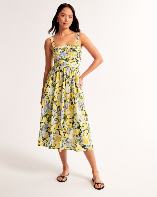 Emerson Linen-Blend Wide Strap Midi Dress, Lemon Print