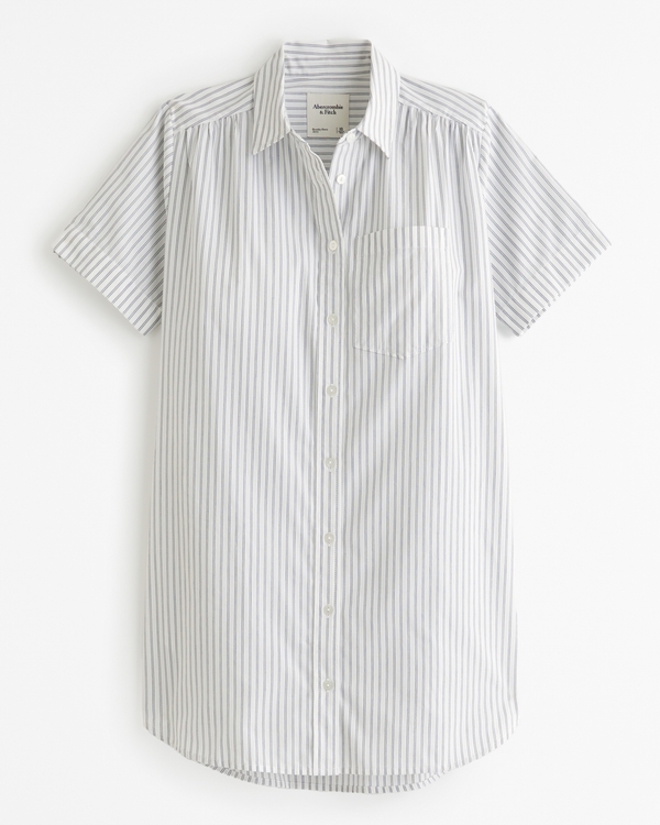 Relaxed Poplin Shirt Dress, White Stripe