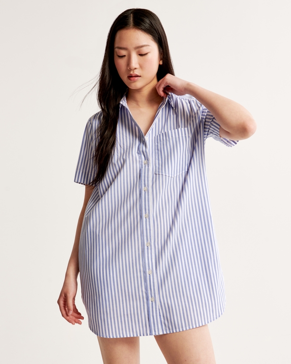 Relaxed Poplin Shirt Dress, Blue Stripe
