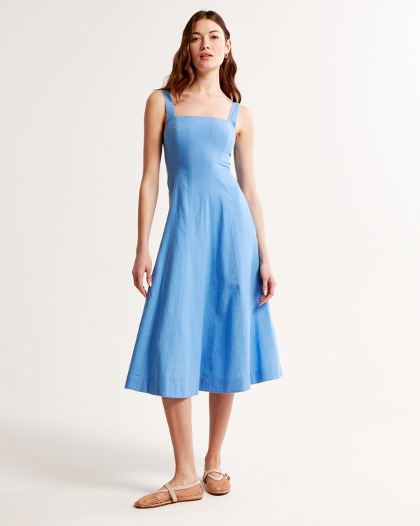 Seamed Linen-Blend Midi Dress, French Blue