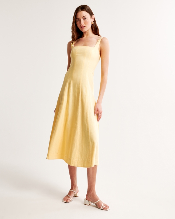 Seamed Linen-Blend Midi Dress, Sunny Yellow