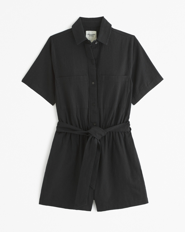 Short-Sleeve Linen-Blend Romper