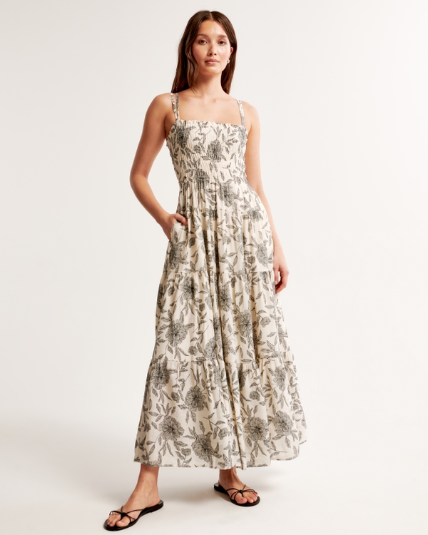 Women's Floral Print Midi Corset Dress with Split Skirt and Back Lace-Up  Detail, Summer Long Dress with Bow Tie and Chest Frill