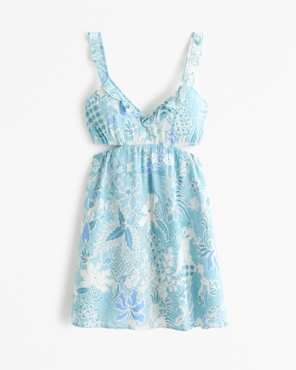 Ruffle Cutout Mini Dress, Teal Floral