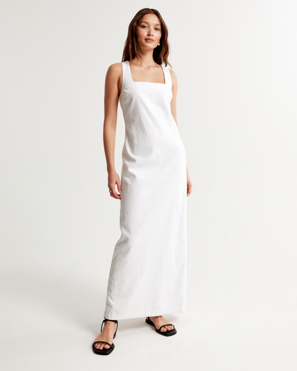Linen-Blend Shift Maxi Dress, White