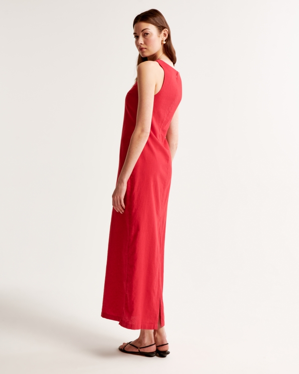 Linen-Blend Shift Maxi Dress, Red