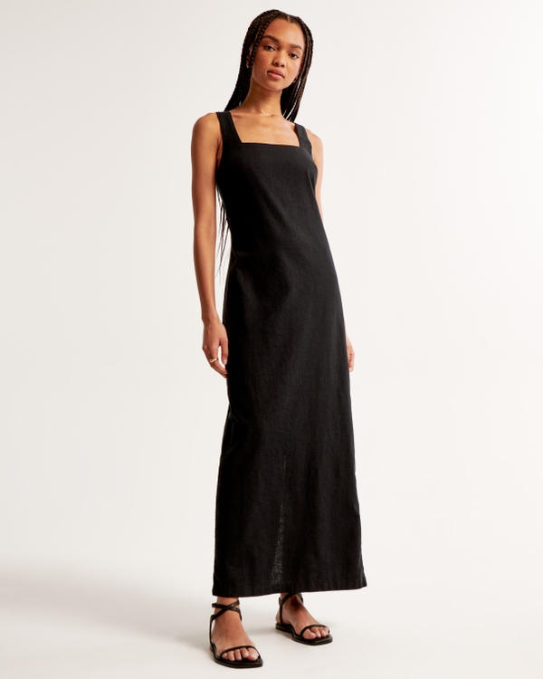 Linen-Blend Shift Maxi Dress, Black