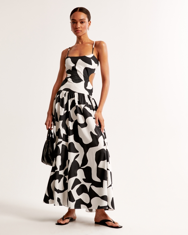 Drop-Waist Cutout Maxi Dress, Black Pattern
