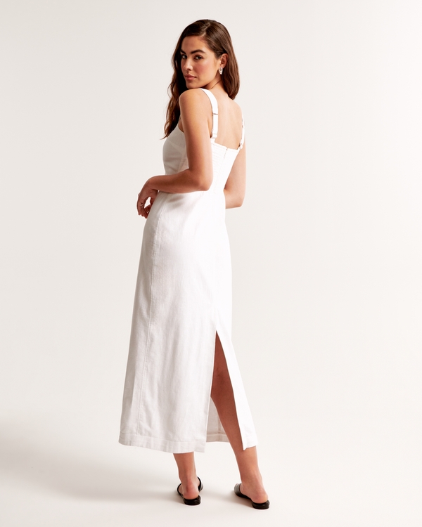 Linen-Blend Squareneck Column Midi Dress, White