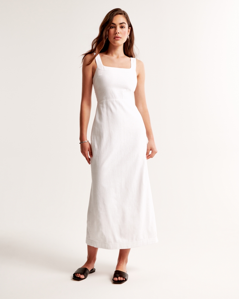 Linen-Blend Squareneck Column Midi Dress