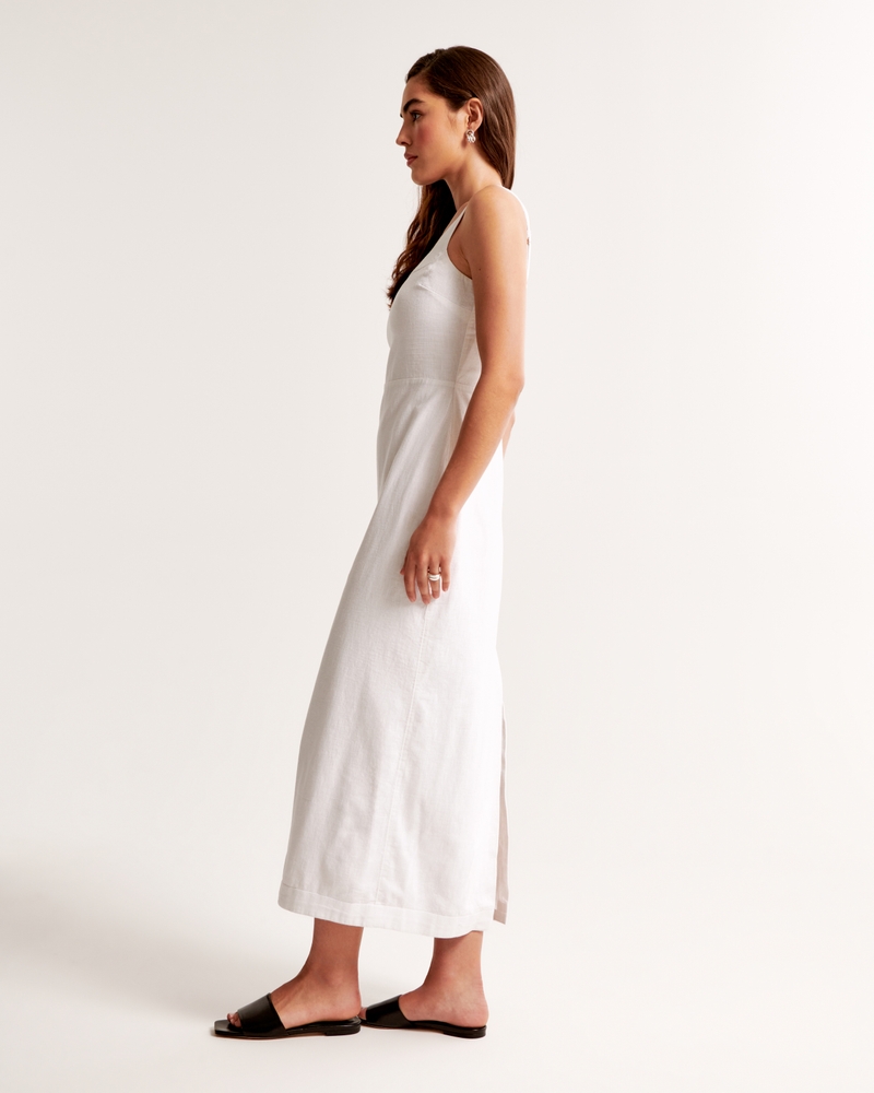 Linen-Blend Squareneck Column Midi Dress