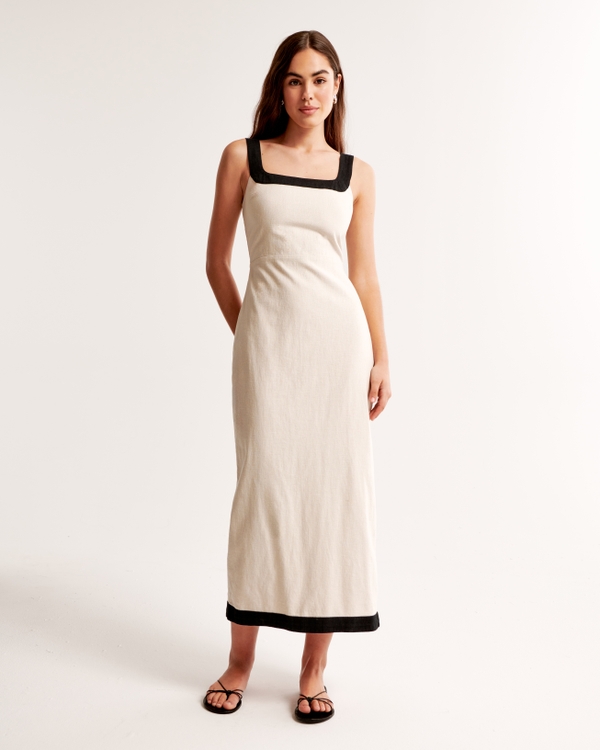 Linen-Blend Squareneck Column Midi Dress, Grey