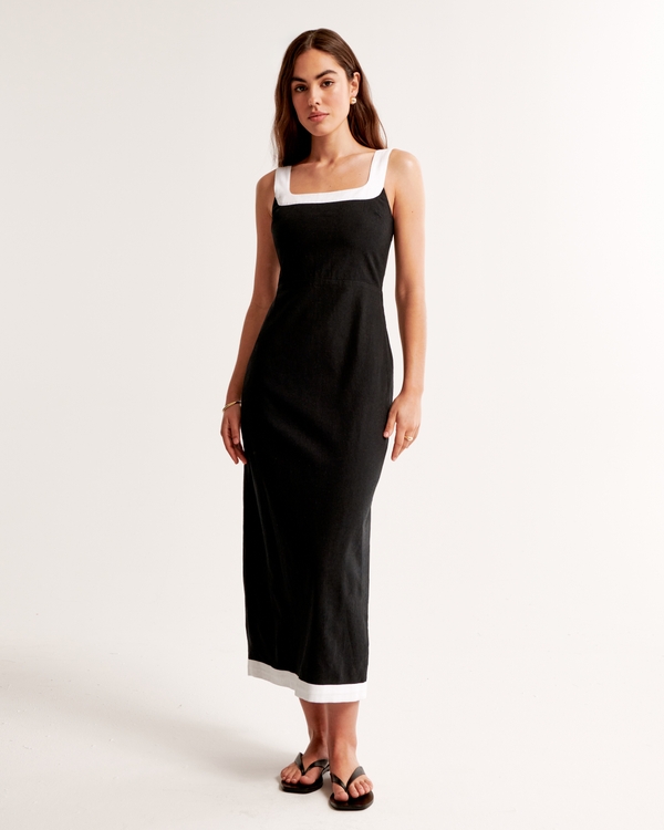 Linen-Blend Squareneck Column Midi Dress, Black
