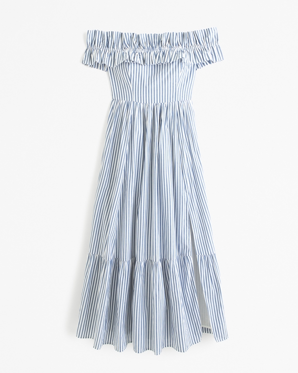 Off-The-Shoulder Ruffle Midi Dress, Blue Stripe