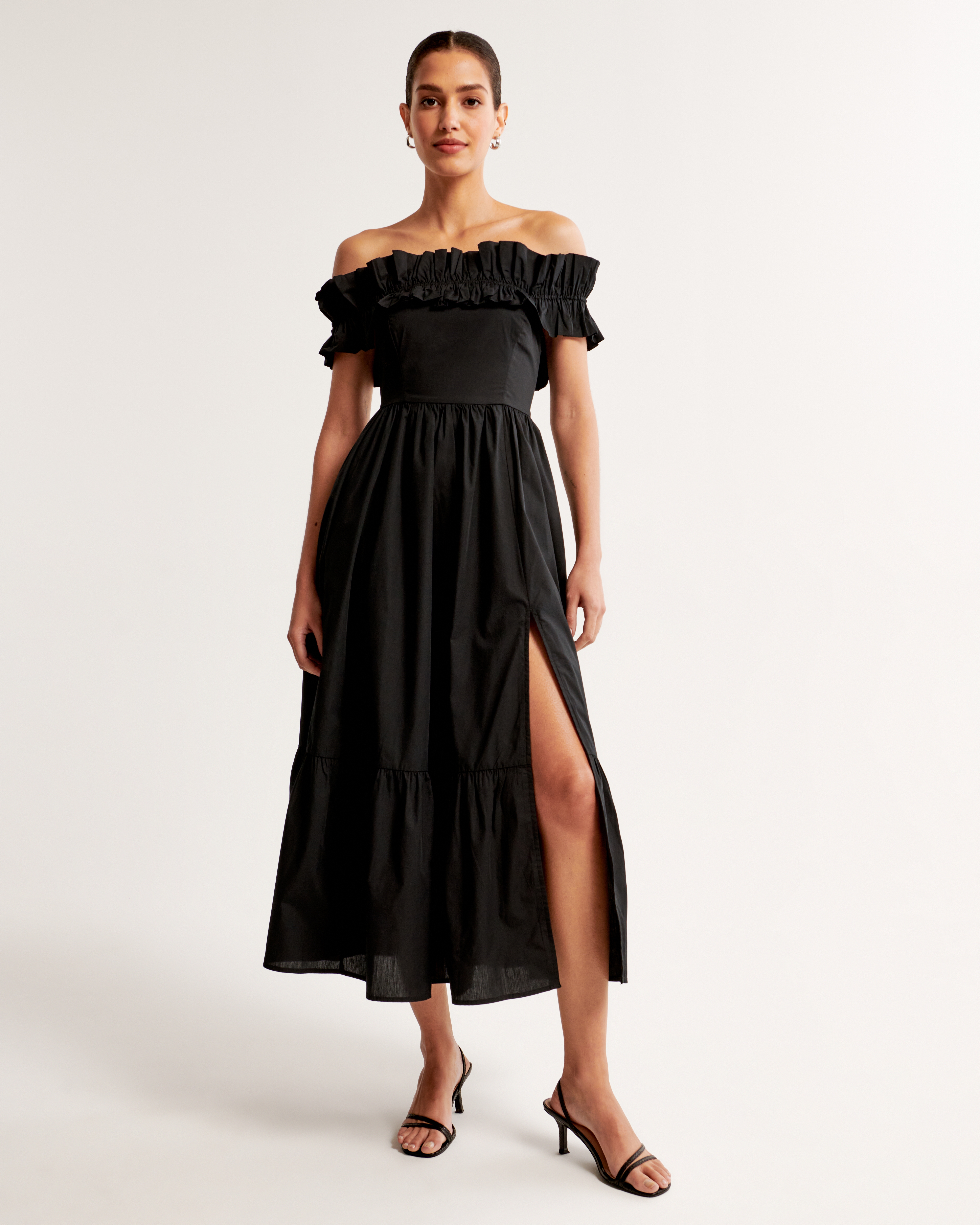 Women s Off The Shoulder Ruffle Midi Dress in Black Size XXS Tall Abercrombie Fitch