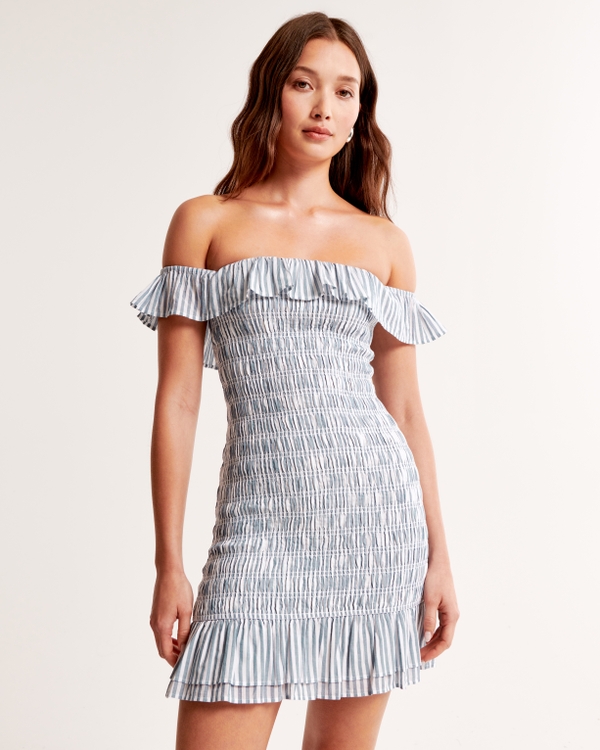 Off-The-Shoulder Smocked Mini Dress, Blue Stripe