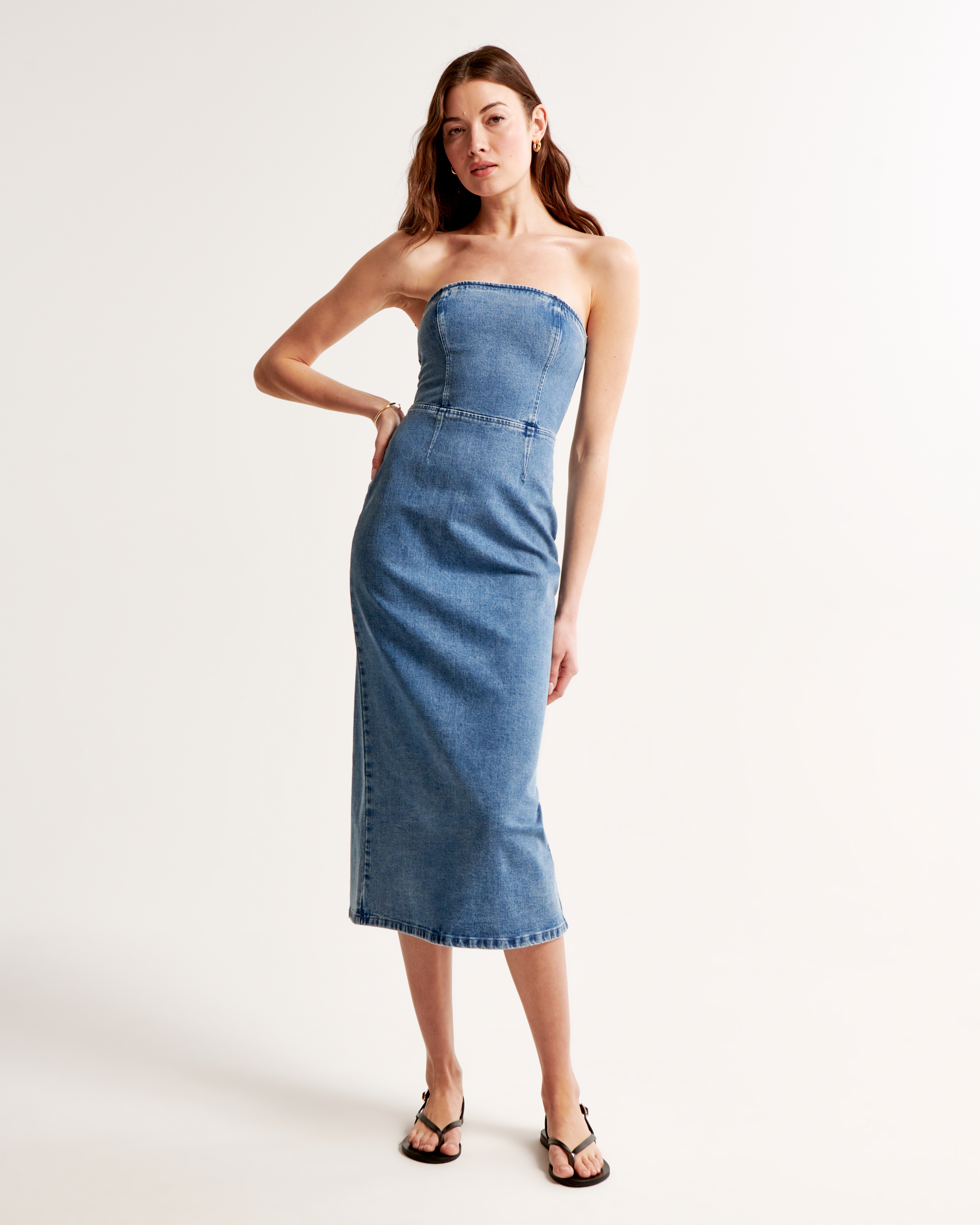 Abercrombie & Fitch Strapless Denim Midi Dress In Blue