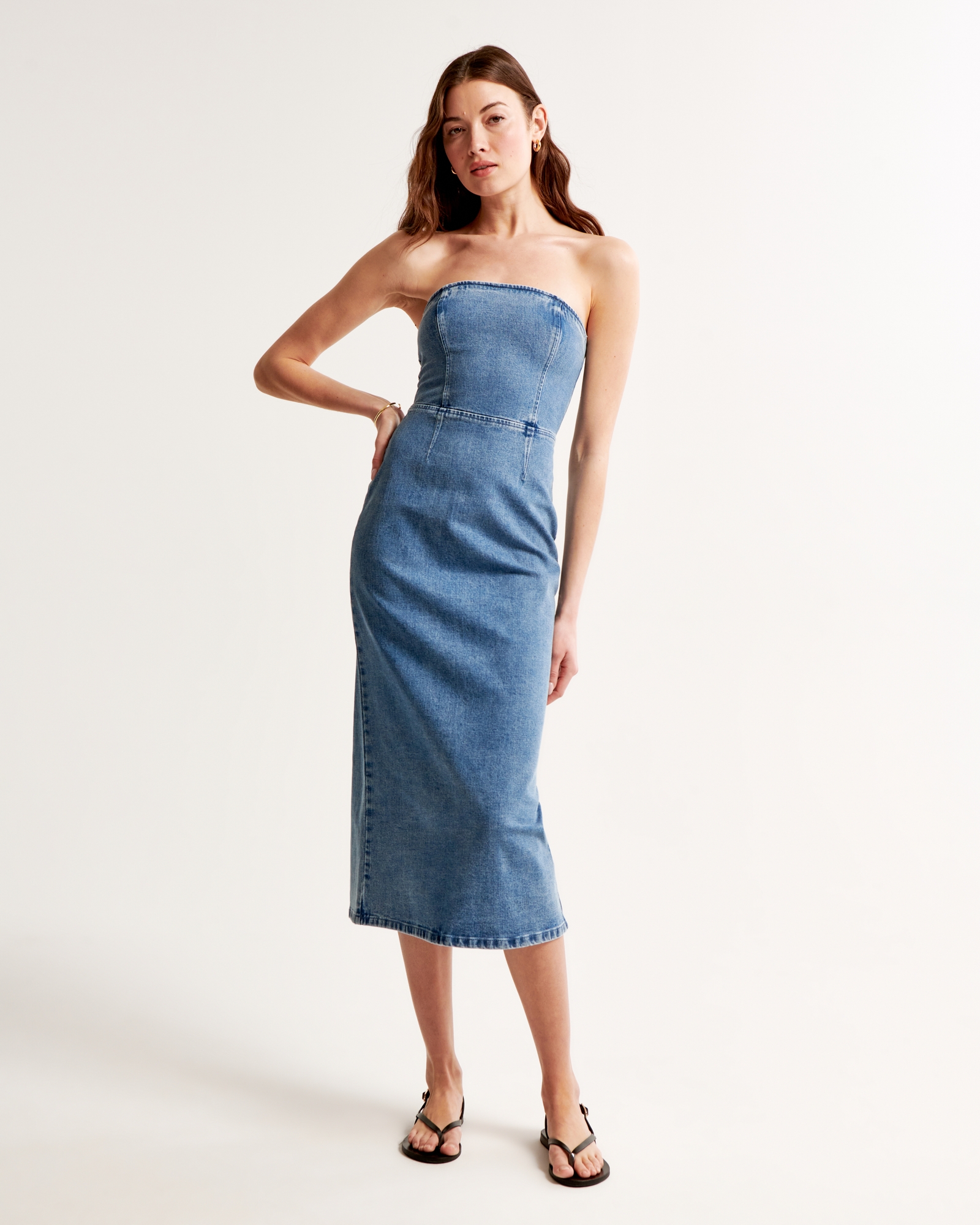 Strapless Denim Midi Dress