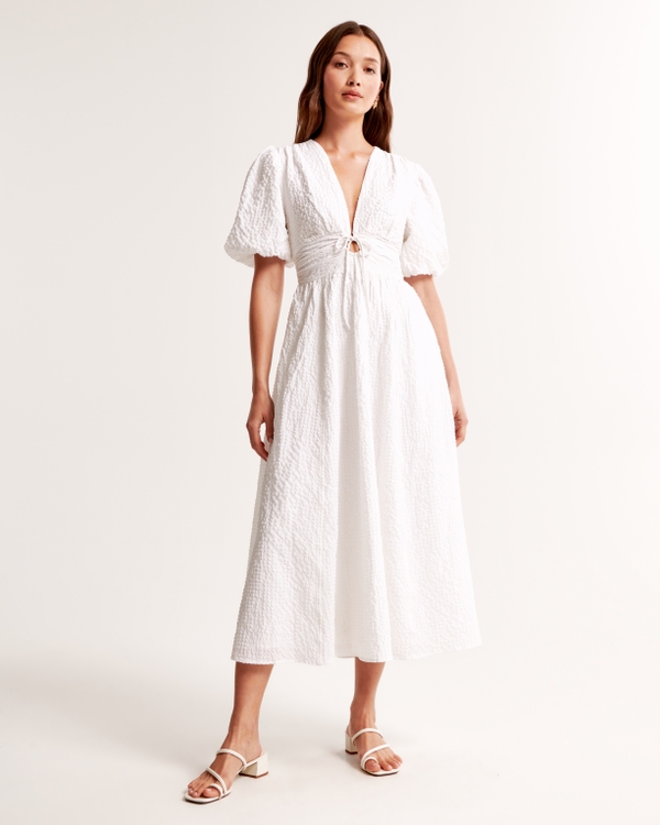 Tie-Front Textured Maxi Dress, White