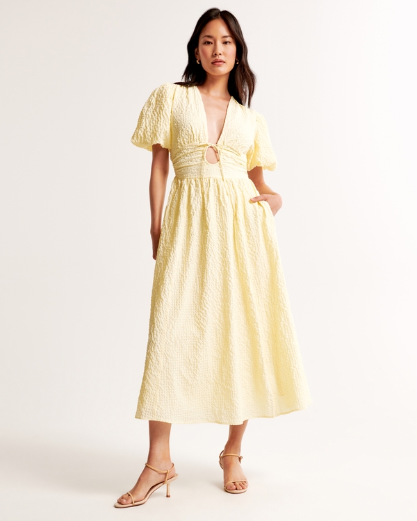 Tie-Front Textured Maxi Dress, Pastel Yellow