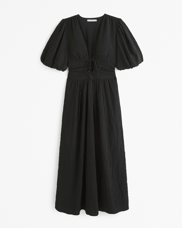 Tie-Front Textured Maxi Dress, Black