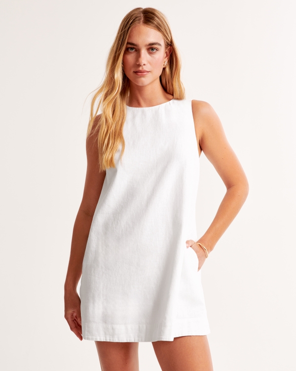 High-Neck Linen-Blend Mini Dress, White