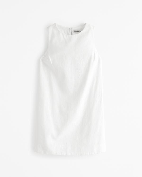 High-Neck Linen-Blend Mini Dress, White