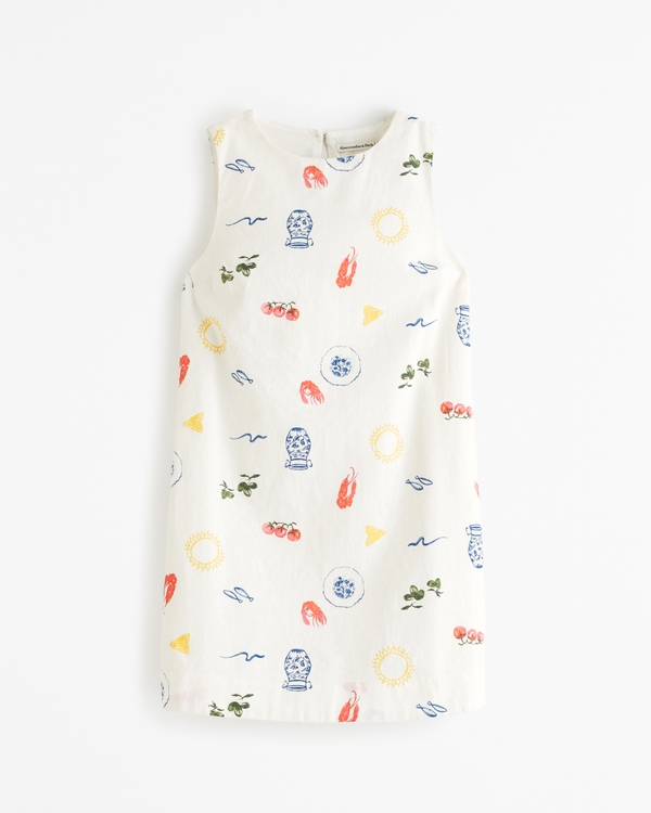 High-Neck Linen-Blend Mini Dress, Cream Pattern