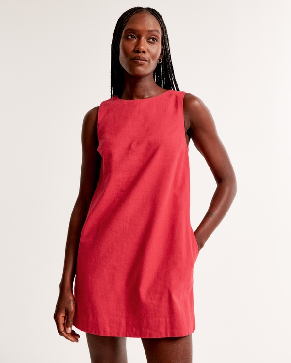High-Neck Linen-Blend Mini Dress, Red