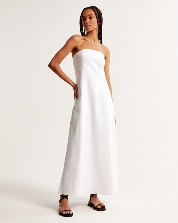Strapless Skimming Linen-Blend Maxi Dress, White