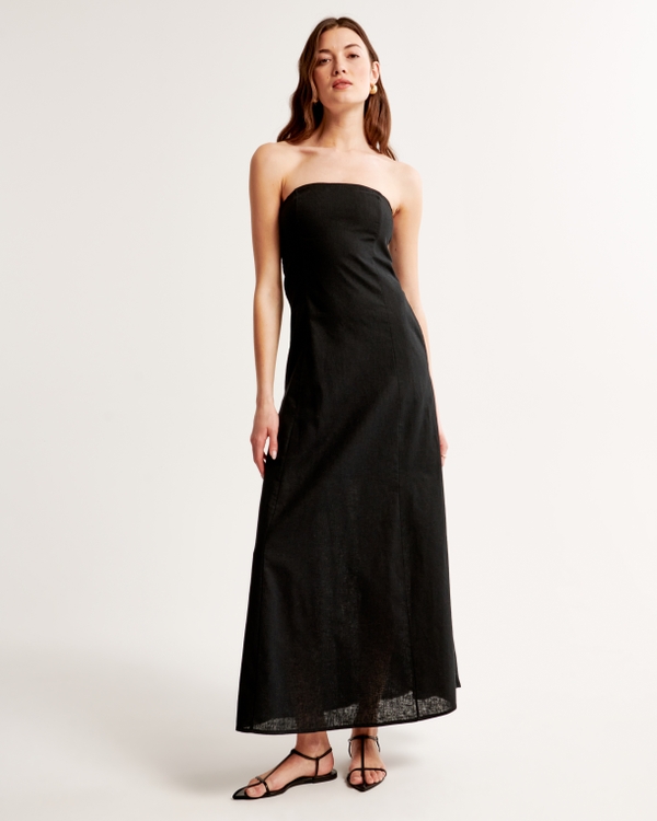 Strapless Skimming Linen-Blend Maxi Dress, Black