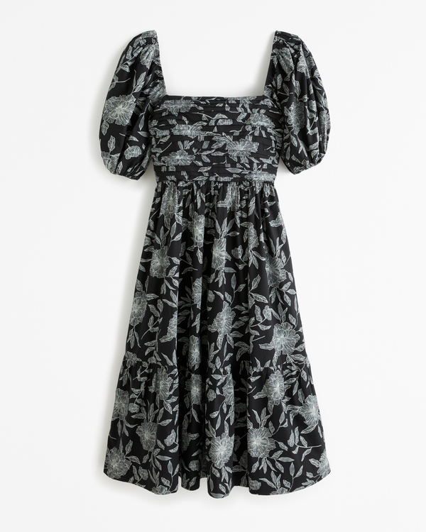 The A&F Emerson Poplin Puff Sleeve Midi Dress, Black Floral view 1