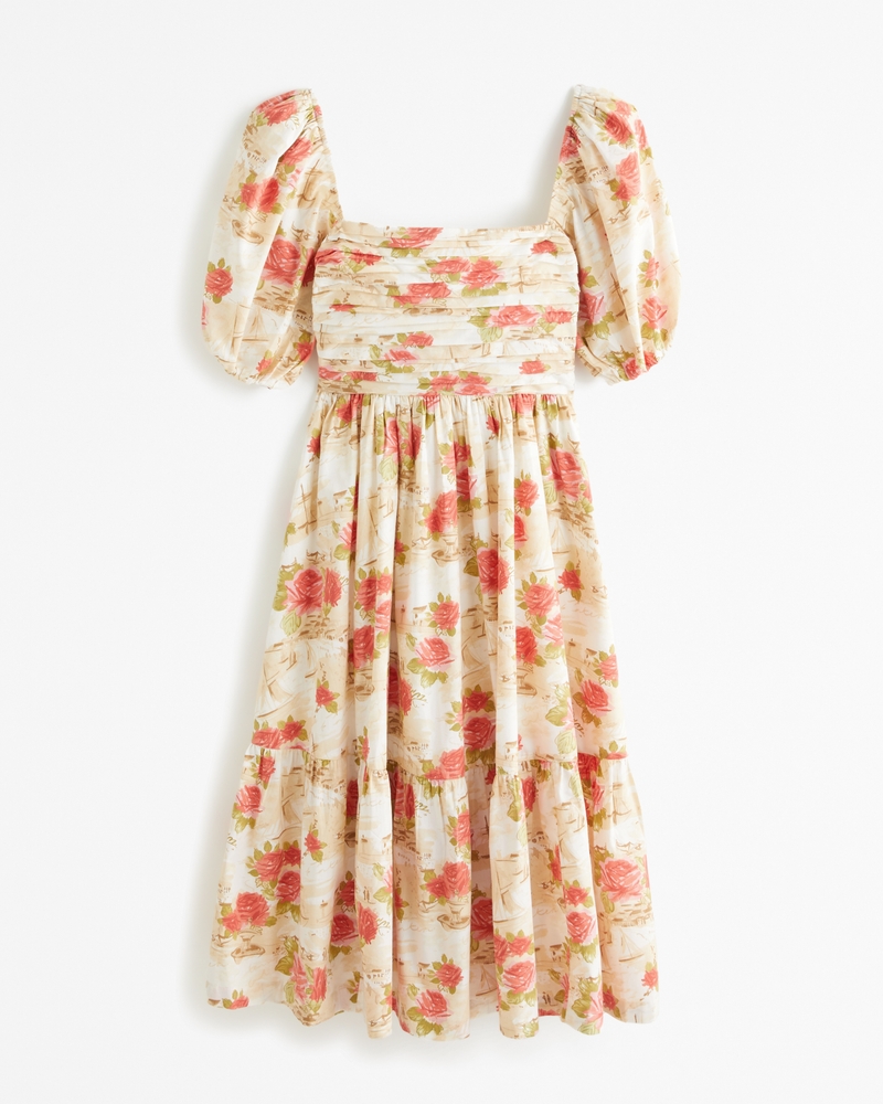 Emerson Poplin Puff Sleeve Midi Dress Cream Floral Rent