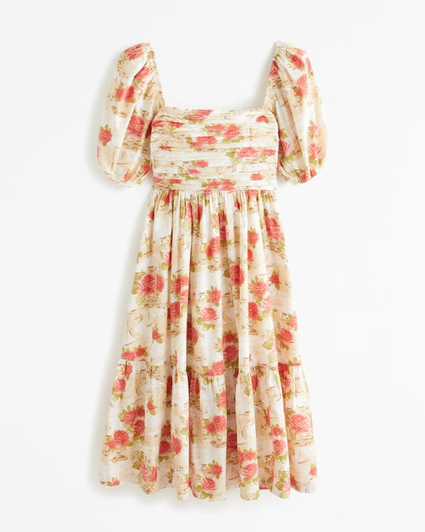 The A&F Emerson Poplin Puff Sleeve Midi Dress, Light Yellow Pattern view 1