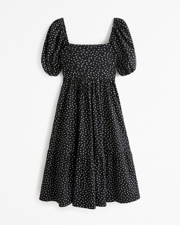 The A&F Emerson Poplin Puff Sleeve Midi Dress, Black Dot