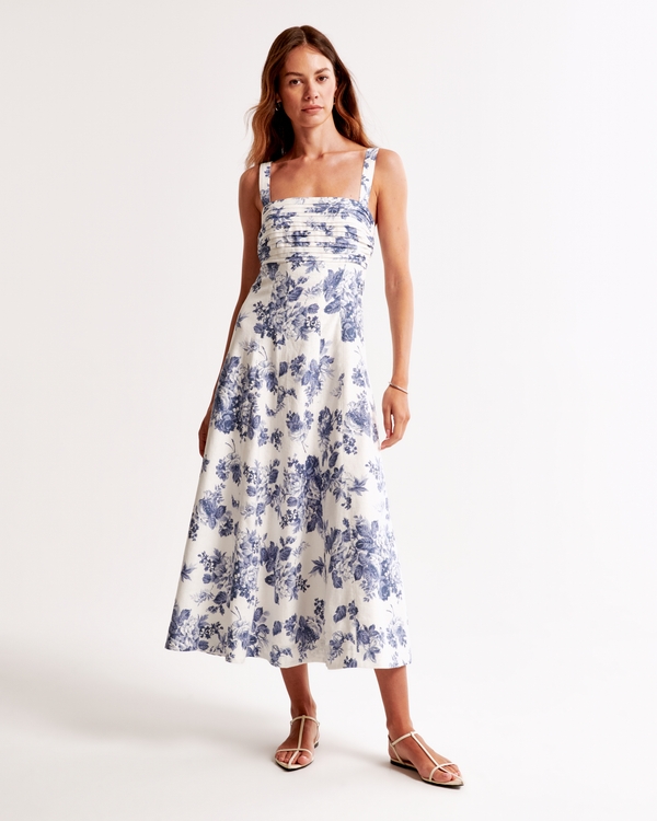 The A&F Emerson Fit & Flare Midi Dress, Blue Floral