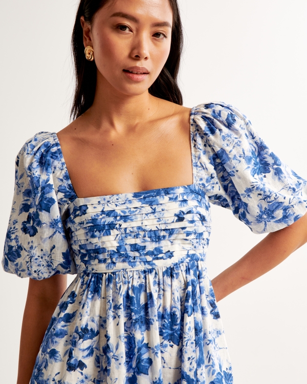 Emerson Linen-Blend Puff Sleeve Mini Dress, Blue Floral