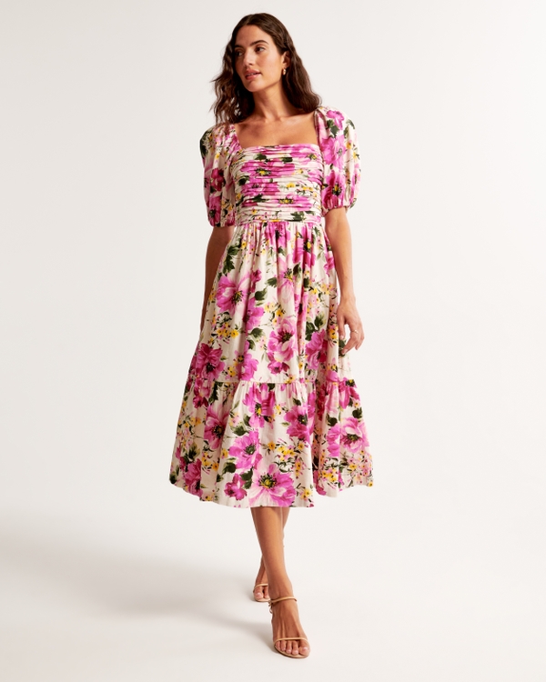 Emerson Linen-Blend Puff Sleeve Midi Dress, Pink Floral