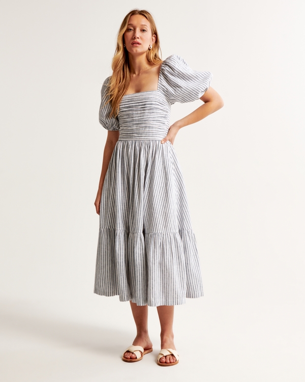 Emerson Linen-Blend Puff Sleeve Midi Dress, Blue Stripe