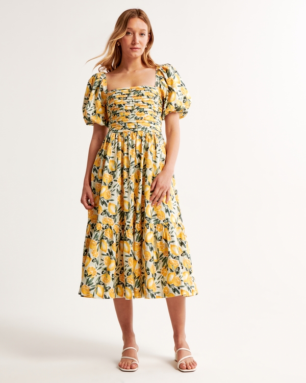 Emerson Linen-Blend Puff Sleeve Midi Dress, Lemon Print